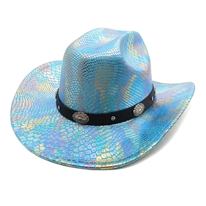Detail of iridescent blue western cowboy hat with snake skin texture and silver buckle