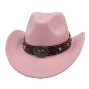 Close-up of pink felt cowboy hat with turquoise studs and star metal buckle