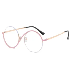 Pink and rose gold round semi-rimless anti-blue light glasses with wavy bridge design