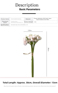 Detailed view of artificial pink ranunculus bouquet with size dimensions and 38cm total length