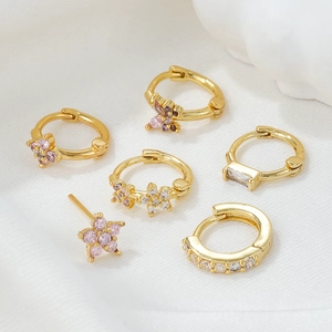 6-piece gold earring set featuring pink flower and butterfly zircon stud hoop designs