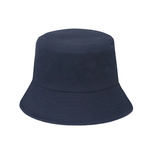 Close-up of navy blue cotton bucket hat featuring five rows of reinforced brim stitching
