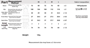 Detailed size guide for grey cargo skort showing waist, hip measurements and fabric info