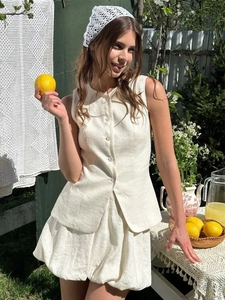 Tenue D'été Pour Femmes Gilet Sans Manches À Boutons Et Mini Jupe Boule Pur Coton Style Rétro Français Chic