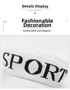 Detail of white mesh knit sun visor with black SPORT lettering and breathable texture