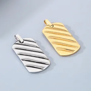 Men Rectangular Pendant 316L Stainless Steel Wave Texture 18K Gold Plated Geometric Industrial Style Jewelry Accessories