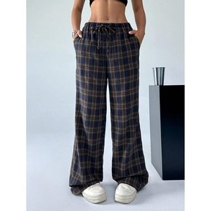 Women's plaid wide-leg pants in navy and orange check with drawstring elastic waist