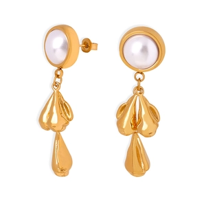 Asymmetric 18k gold plated stainless steel pearl drop earrings for women on white background