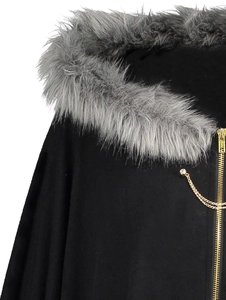 Close-up of fluffy gray faux fur collar and gold chain detail on black hooded cloak