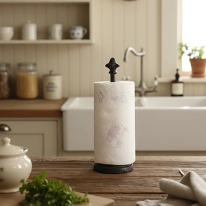 Portarotolo da cucina vintage in ghisa con decoro floreale in ambientazione rustica