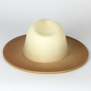 Classic two-tone wool felt fedora hat with wide flat brim in cream and camel brown
