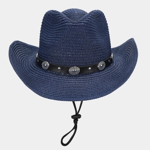 Detail of navy straw cowboy hat featuring leather band with metal studs and wind rope