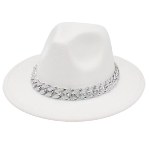 White felt fedora hat featuring a stylish rhinestone-encrusted silver chain accent