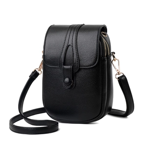 Chic black litchi pattern leather crossbody phone bag with golden metal hardware