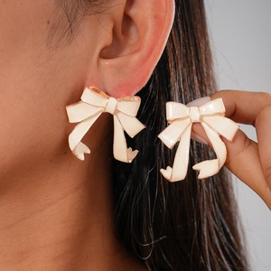 Vintage cream bow-knot stud earrings with gold plating for women's elegant fashion style