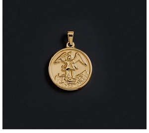 Detailed relief of an angel slaying a demon on an 18K gold-plated titanium steel pendant