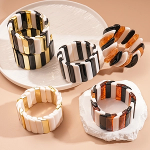 Chunky acrylic stretch bracelet with geometric multi-color block design for women