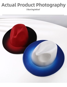 Top-down view showing red-black and white-blue gradient wool felt fedora jazz hats