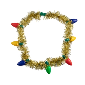 Detail of Christmas tinsel necklace with large colorful glowing LED bulbs on white background