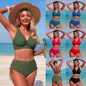 Women Bikini Top And High Waisted Bottom Twist Front Side Lace Up Cut Out Swimsuit Nylon Polyester Beachwear