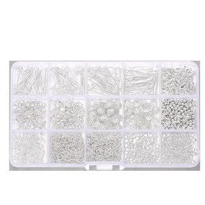 Detailed top view of 15-grid box with silver lobster clasps and DIY jewelry findings