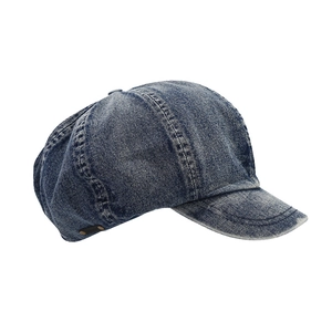 Vintage washed blue denim newsboy cap with classic paneled design and small brim
