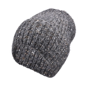 Detailed texture of dark grey knit beanie featuring colorful fiber specks and rolled edge