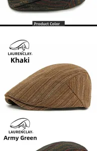 Detail of wool blend flat cap showing classic herringbone texture in khaki and army green