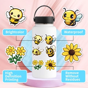 Waterproof cartoon bee stickers shown as decoration on a white sports water bottle