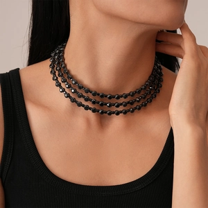 Chic multi-layer black beaded choker necklace for women with reflective faceted crystals