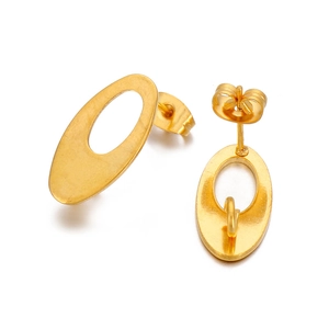 Golden stainless steel hollow oval stud earrings showing front and back views on white