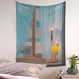 Detail of scenery landscape tapestry showing warm lamp light and vintage radio on fabric