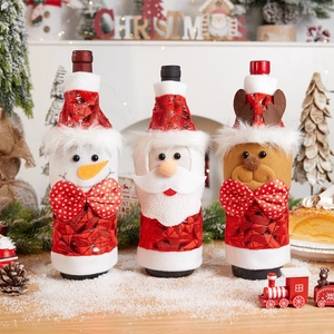 Christmas wine bottle covers set featuring Santa, Snowman and Reindeer holiday decor