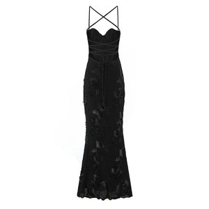 Elegant black lace embroidery fishtail dress with corset bodice and back straps