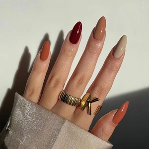Almond Glossy Press On Nails Long Pointed Solid Color False Nails With Glue Autumn Winter Style Elegant Manicure