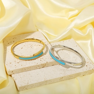 Vintage 18k gold plated stainless steel open bangles with turquoise enamel inlays
