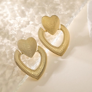 Vintage Stainless Steel Heart Drop Earrings 18K Gold Plated Granular Texture Double Hollow Heart Fashion Women Jewelry