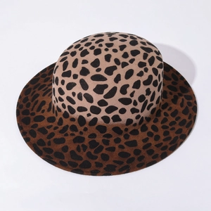 Flat top wool felt hat featuring gradient leopard print in camel and dark brown