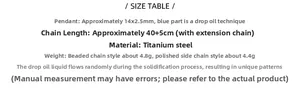 Detailed size table for the blue enamel fishtail pendant necklace made of durable titanium steel
