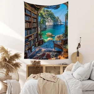 Detail of bohemian tapestry featuring a seaside library print on a bedroom wall