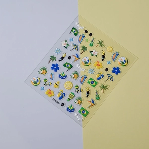Macro detail of 5D embossed Brazil theme nail stickers featuring toucans and tropical flags