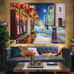 Large Christmas wall tapestry with European snowy street scene for home festive decoration