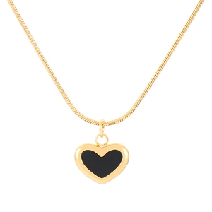 Minimalist gold snake chain necklace with a black heart pendant and gold border