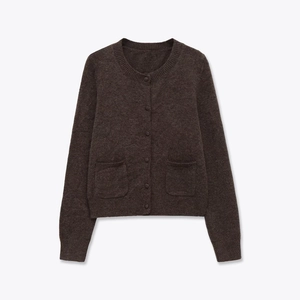 Women Knitted Cardigan Sweater Round Neck Long Sleeve Button Down With Pockets Slim Fit Solid Color Soft Outerwear