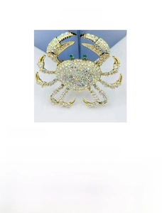 Detailed view of rhinestone crab brooch with antique gold finish and specifications