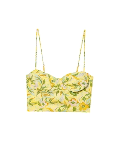 Detail of floral linen blend camisole crop top with thin straps and heart neckline