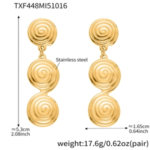 Three-tier spiral drop earrings in gold stainless steel with detailed dimensions
