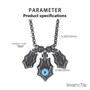 Detail of gothic stainless steel pendant necklace with blue evil eye and floral relief