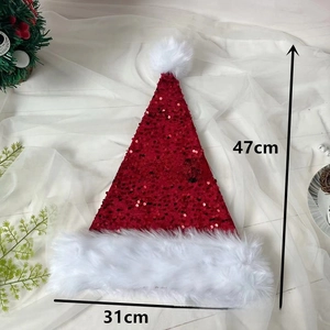 Red sequined Christmas hat measuring 47cm height and 31cm width with white plush trim