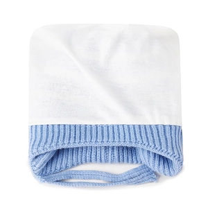 Winter baby knit hat with earflaps and ties, soft white and blue striped beanie